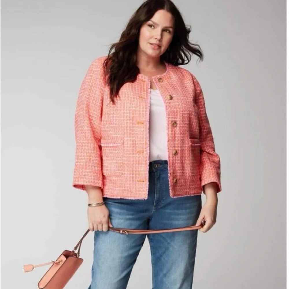 J. Jill NWT 2X Clementine Dailia Tweed Jacket Pink Orange Textured Blazer - Picture 2 of 6